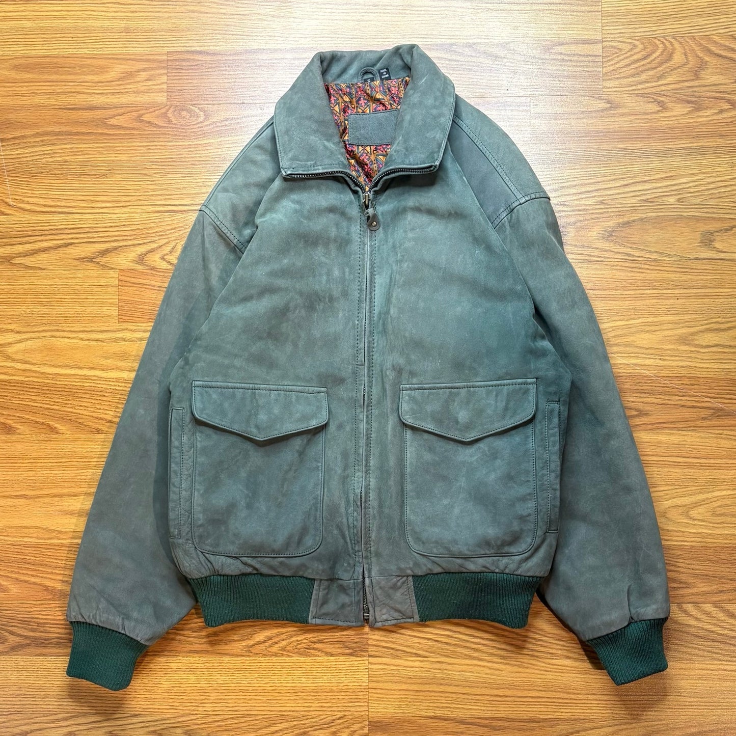 Vintage 1990s Green Leather Bomber Nubuck Lined Men's Medium