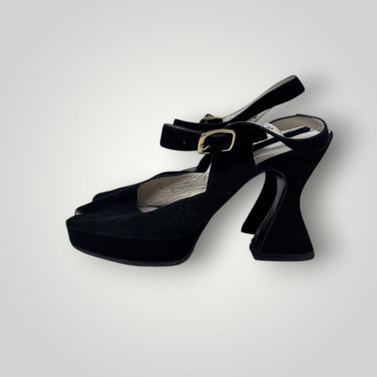 Vintage 8.5 Suede Heel Peep Toe Ankle Strap Black Sculpted Heel Platform