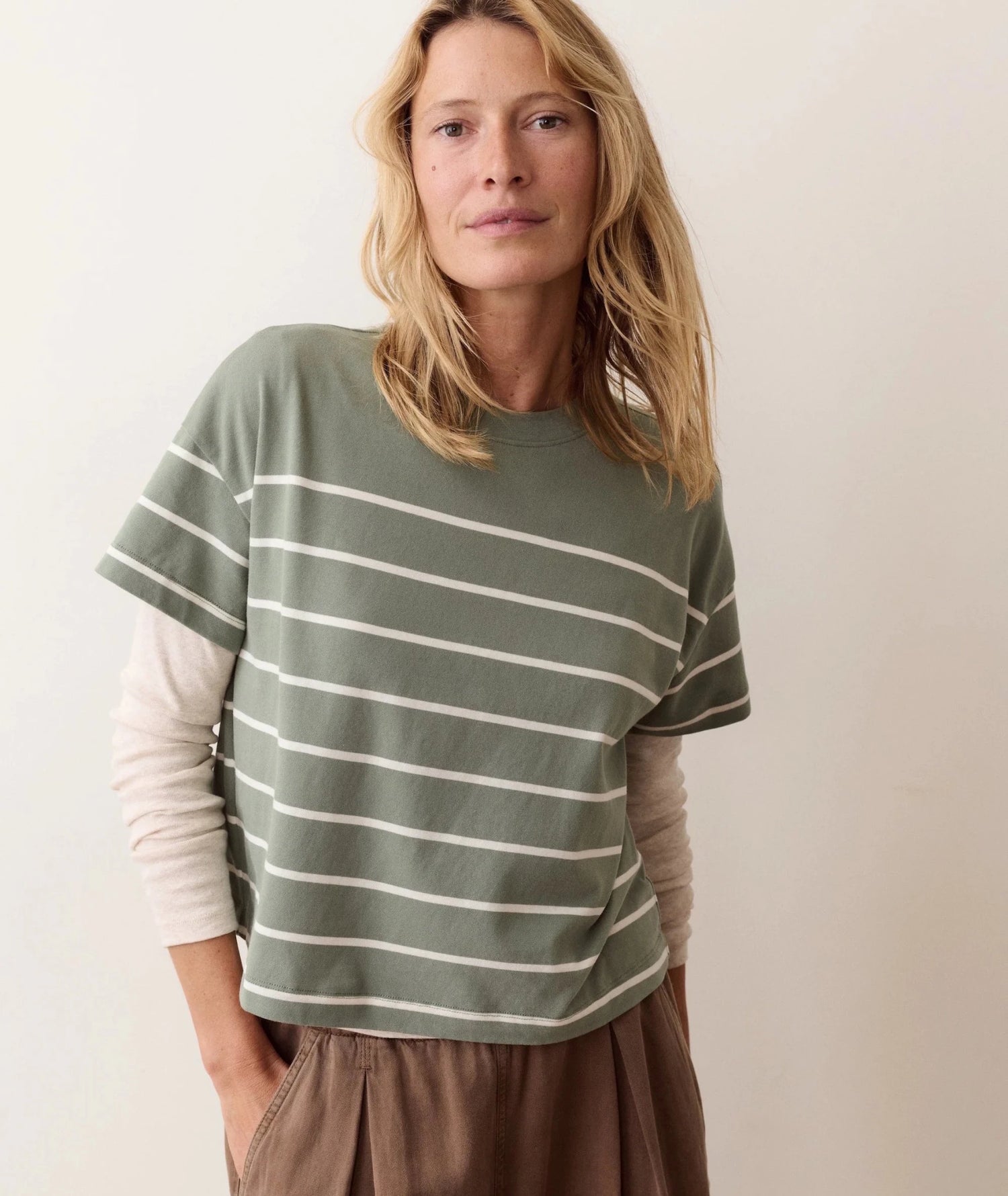 Dream Jersey Crew Tee in Sage and White Stripe - MST GoodsMarine Layer