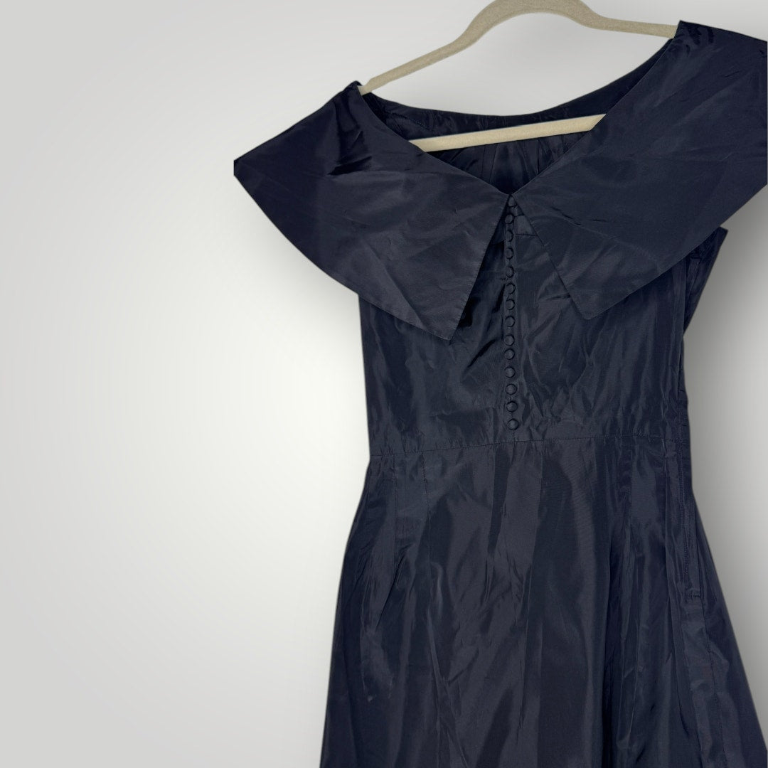 Vintage 1950s Off the Shoulder Taffeta Cocktail Dress Handmade Buttons XS Black