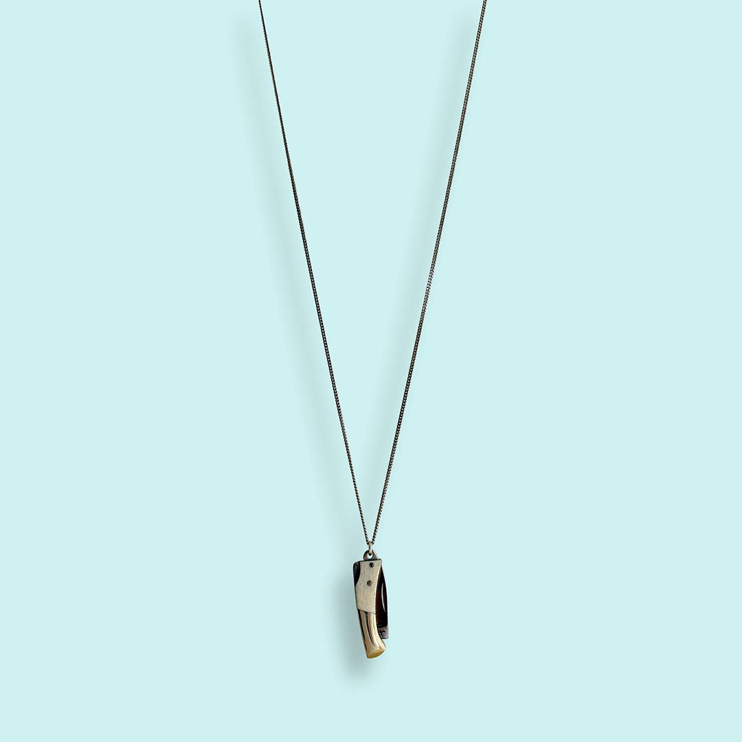 Curvilinear Bone Lockback Knife on Silver Chain Necklace