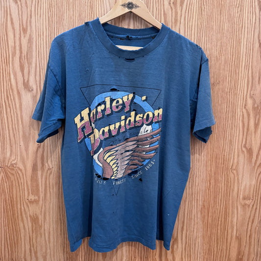 Vintage Harley DAvidson T-Shirt 1980s Blue Thrashed Wing Tacoma WA Men's Large