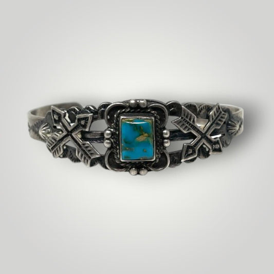 Early Vintage St Silver Turquoise Cuff Fred Harvey Era Bracelet Crossed Arrow - MST GoodsVintage