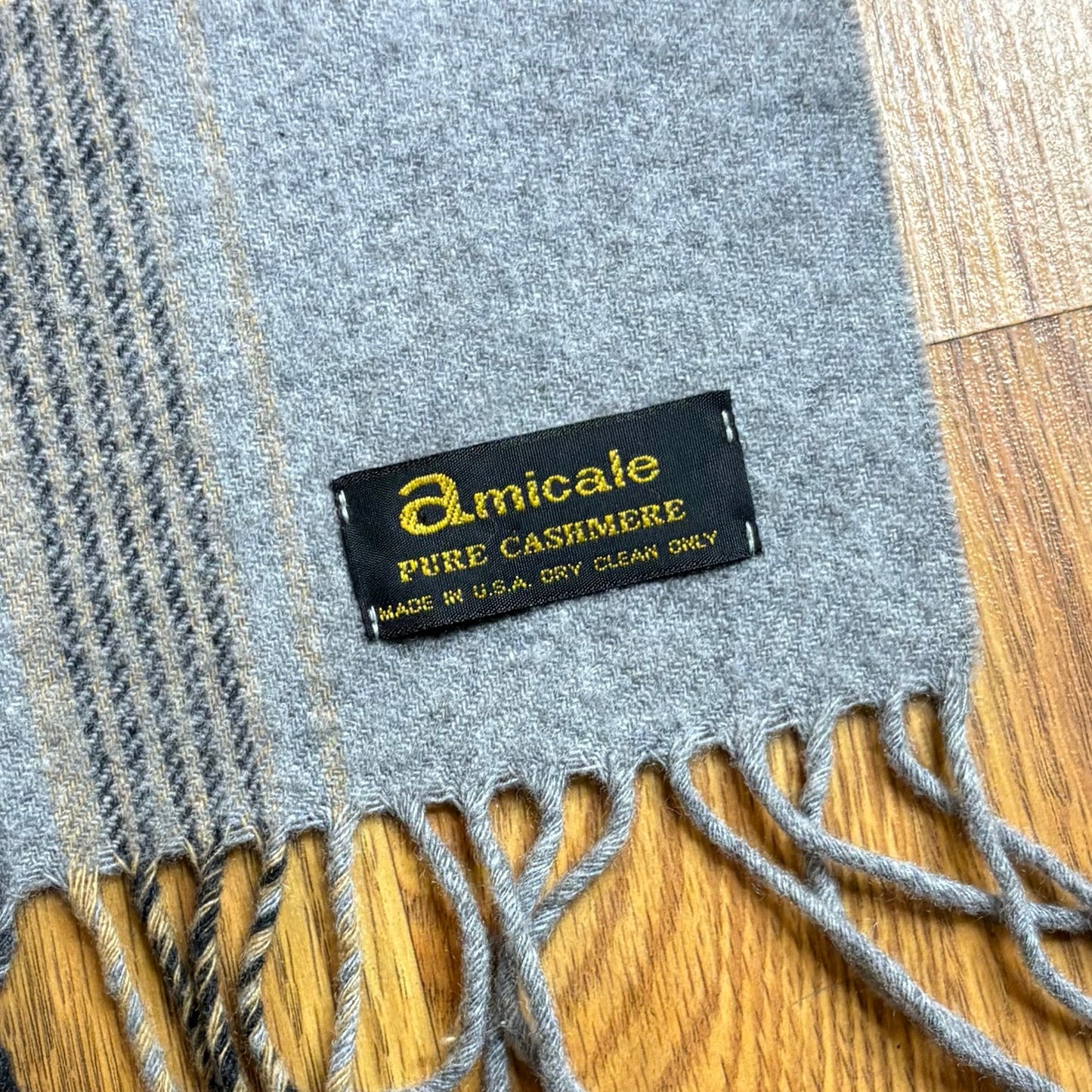 Vintage Pure Cashmere Scarf Plaid Gray Black Tan Fringe USA Made