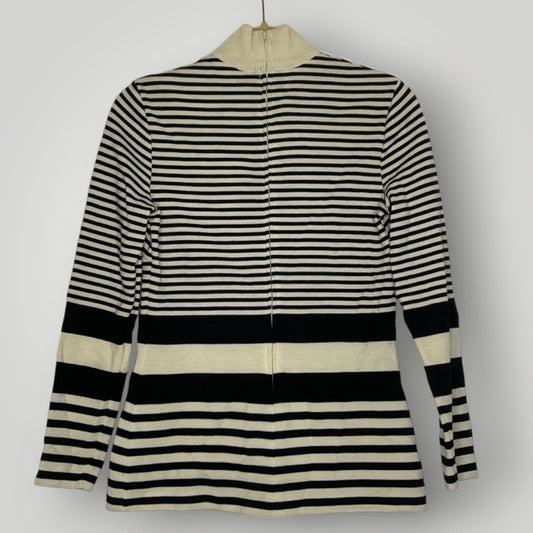 Vintage 1960s Black Cream Striped Mockneck Shirt Long Women's Small Wool