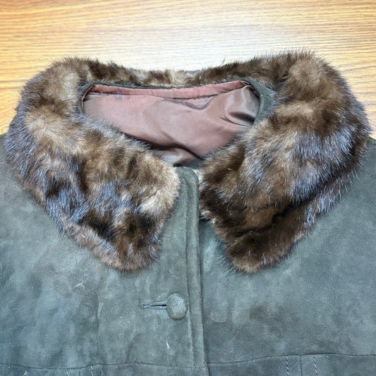 Vintage 1960s Black Suede Leather Coat Women's M Fur Collar Long Button Front