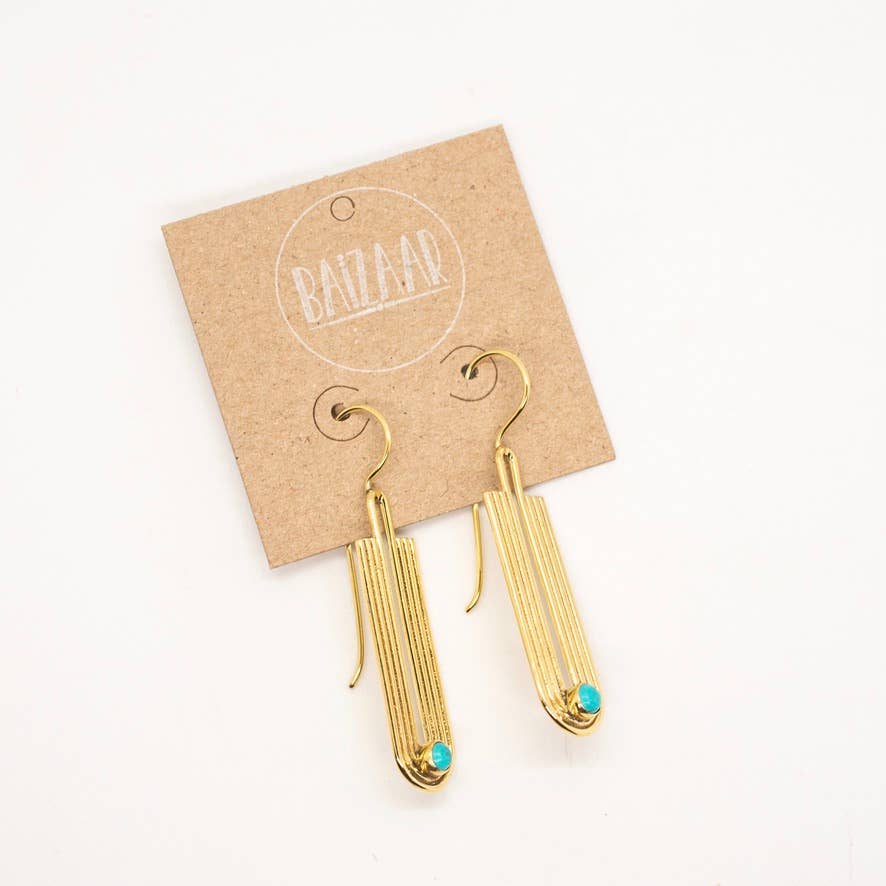 Brass Deco Turquoise Wave Earring