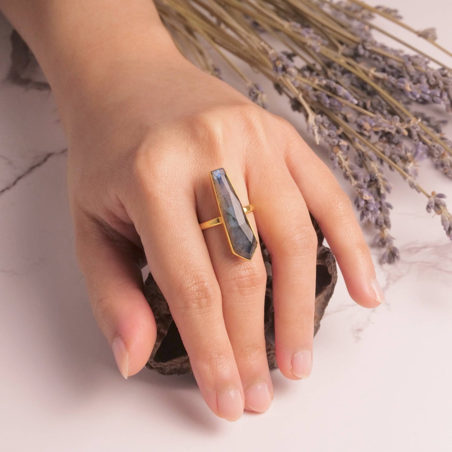 Long Brass Labradorite Bar Ring