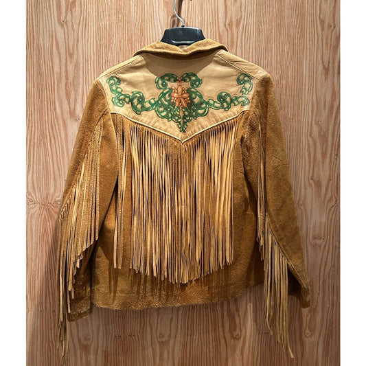 Vintage Tan Deerskin Leather Fringe Jacket Hand Painted Antler Buttons Womens S