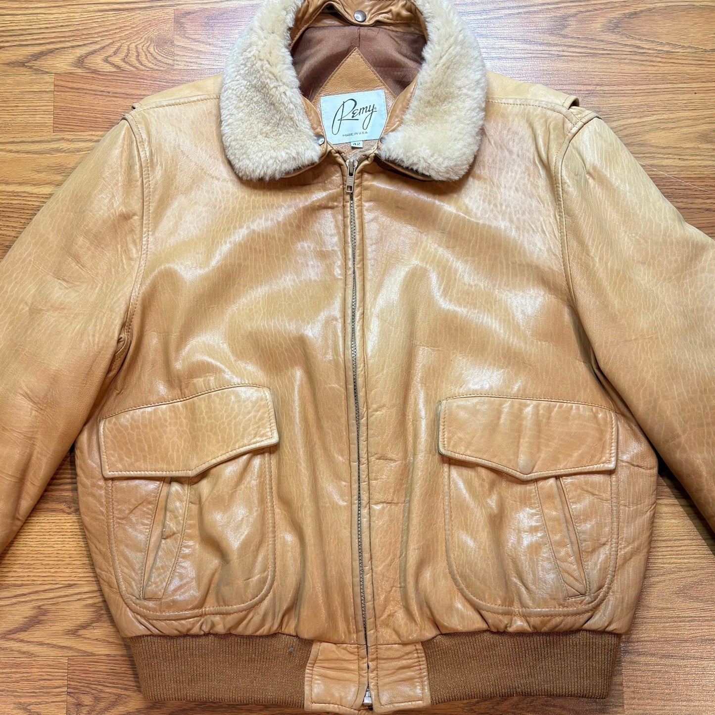 Vintage 1980s Remy Leather Bomber Tan Jacket Mens Large USA Shearling Collar