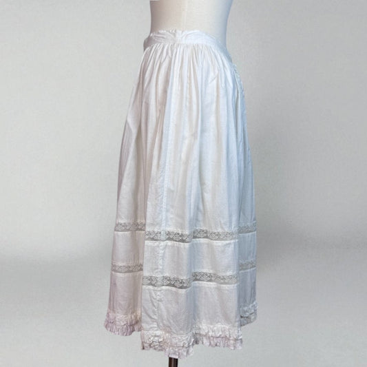 Vintage Edwardian Petticoat White Tiered Skirt Cotton Lace Ruffle Medium