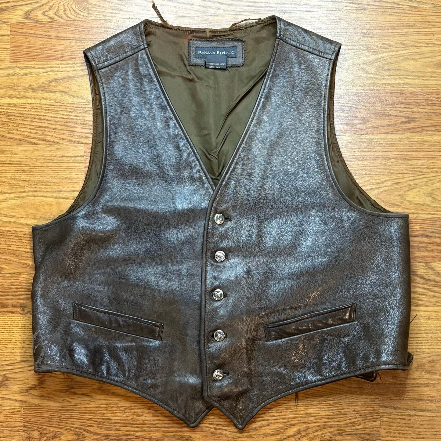 Vintage 1990s Banana Republic Leather Vest Brown Mens XL Western Biker USA