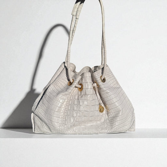 Vintage Brahmin Bag Deidre White Drawstring Melbourne Crocodile Embossed Purse