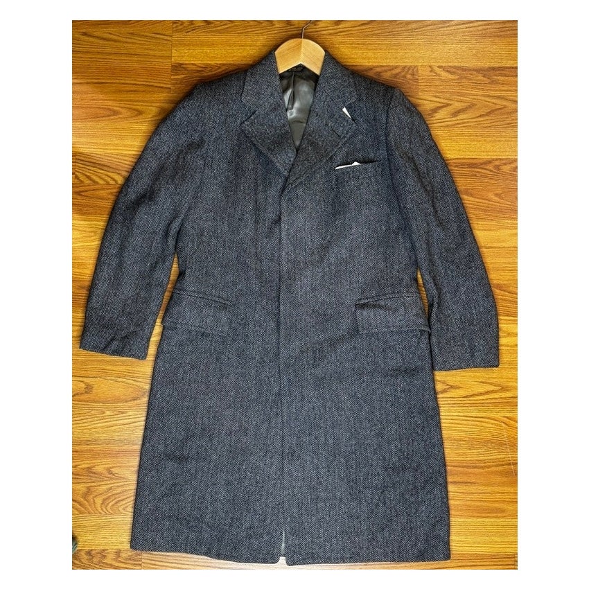 Vintage 1960s Homer Reed Herringbone Wool Long Coat Men's Large Gray Ivy League
