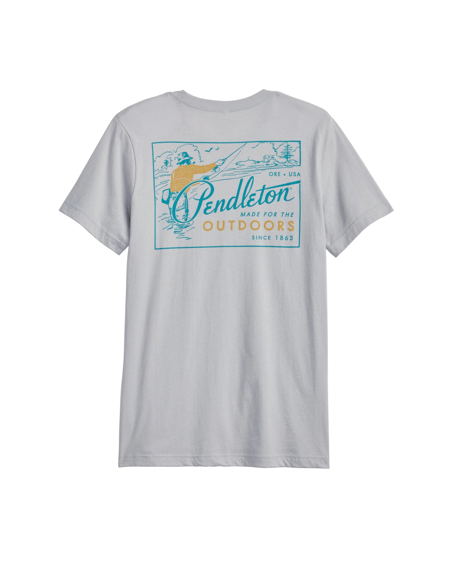Gray t-shirt with colorful graphic design on a white background