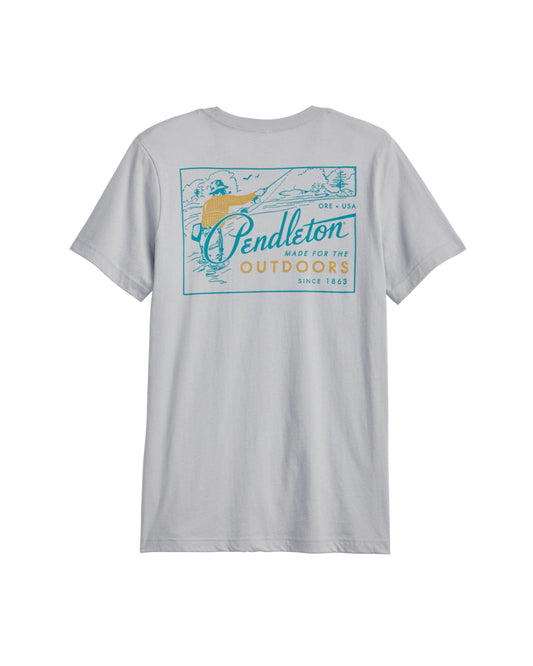 Gray t-shirt with colorful graphic design on a white background
