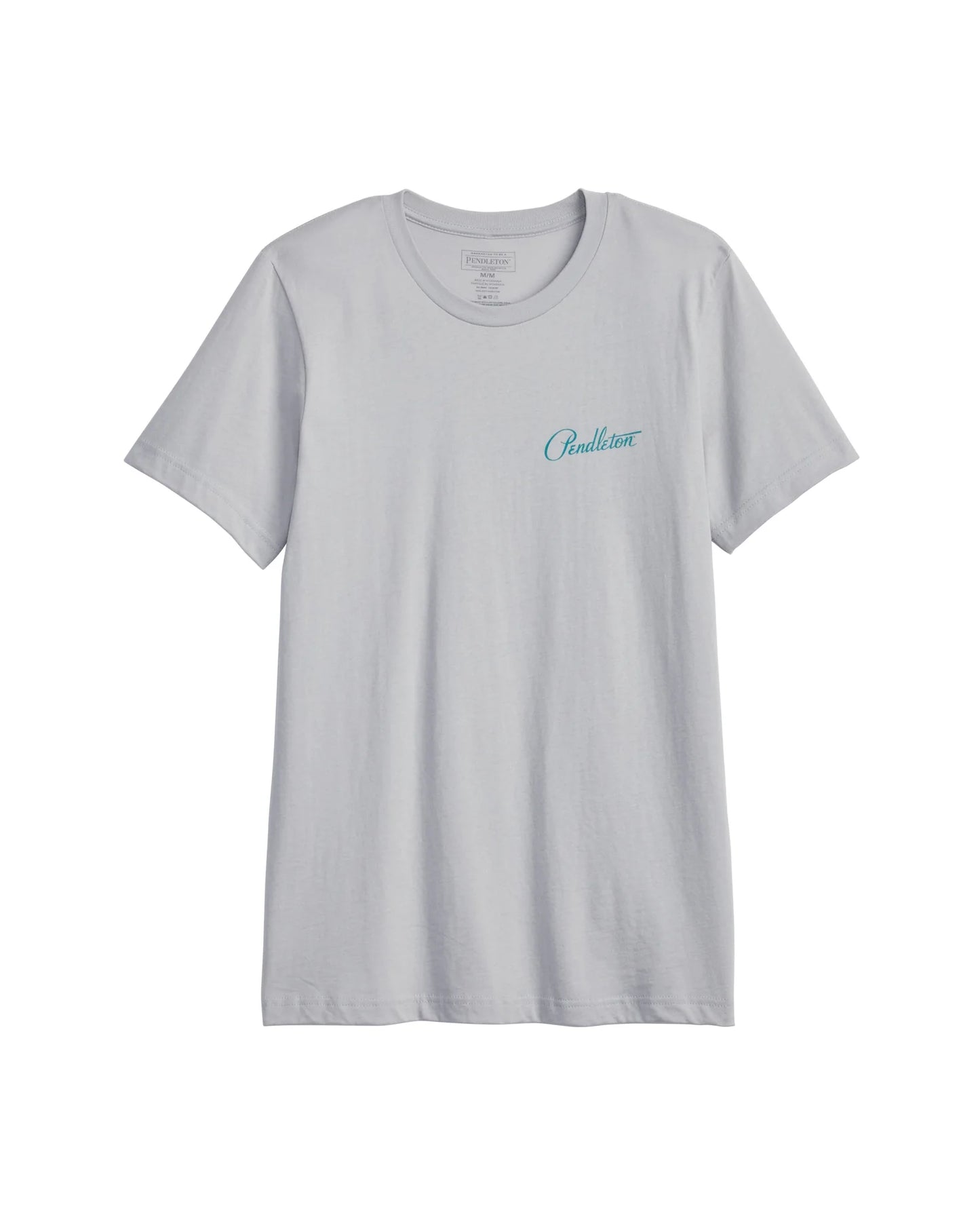 A light gray short-sleeve crewneck t-shirt with a small light blue script logo on the left chest, displayed against a solid white background.