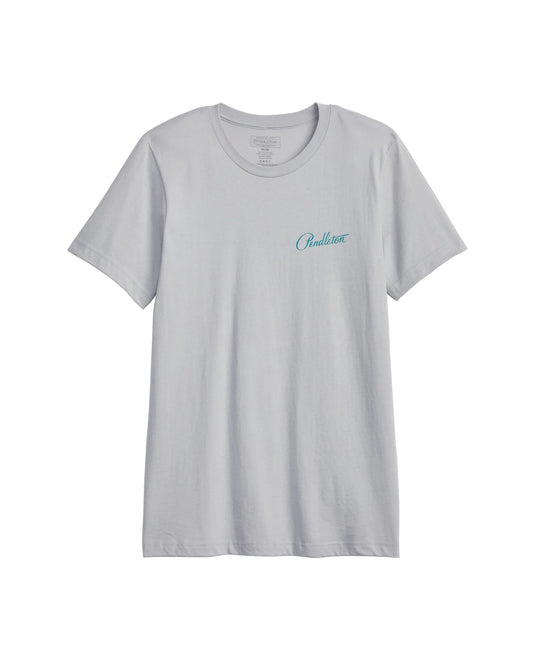 A light gray short-sleeve crewneck t-shirt with a small light blue script logo on the left chest, displayed against a solid white background.