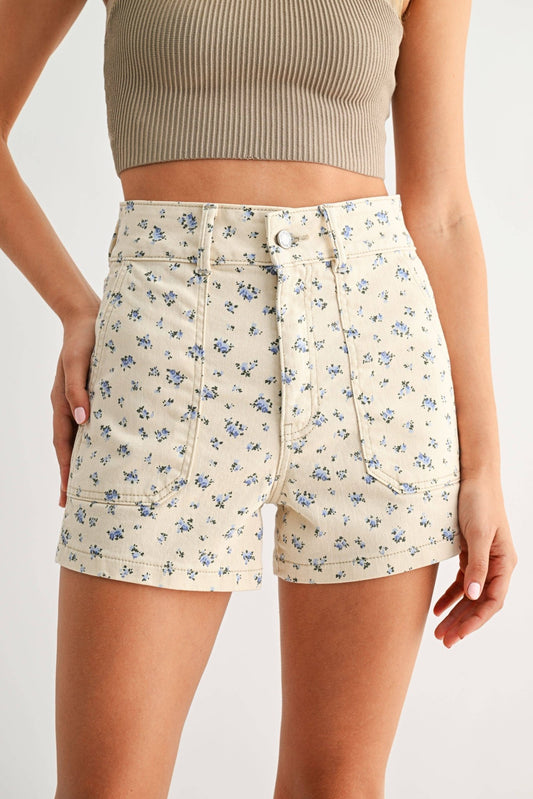FLOWER PRINT High Rise Utility Cargo Short - MST GoodsShortsJUST BLACK DENIM