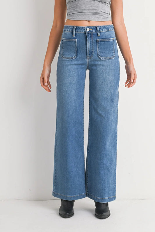 front view of mini pocket wide jeans from just black jeans