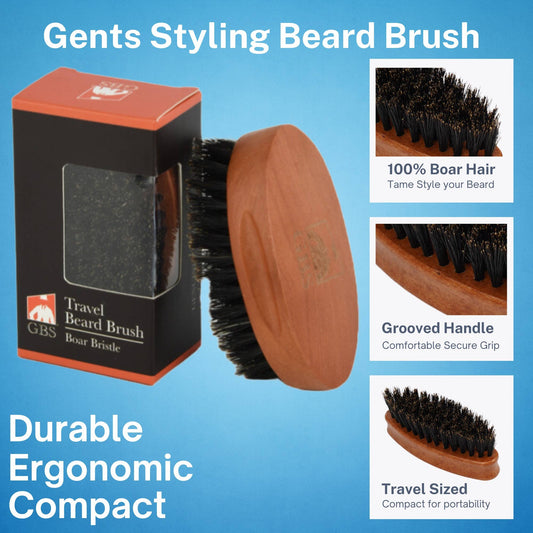 Travel beard brush with packaging on a blue background