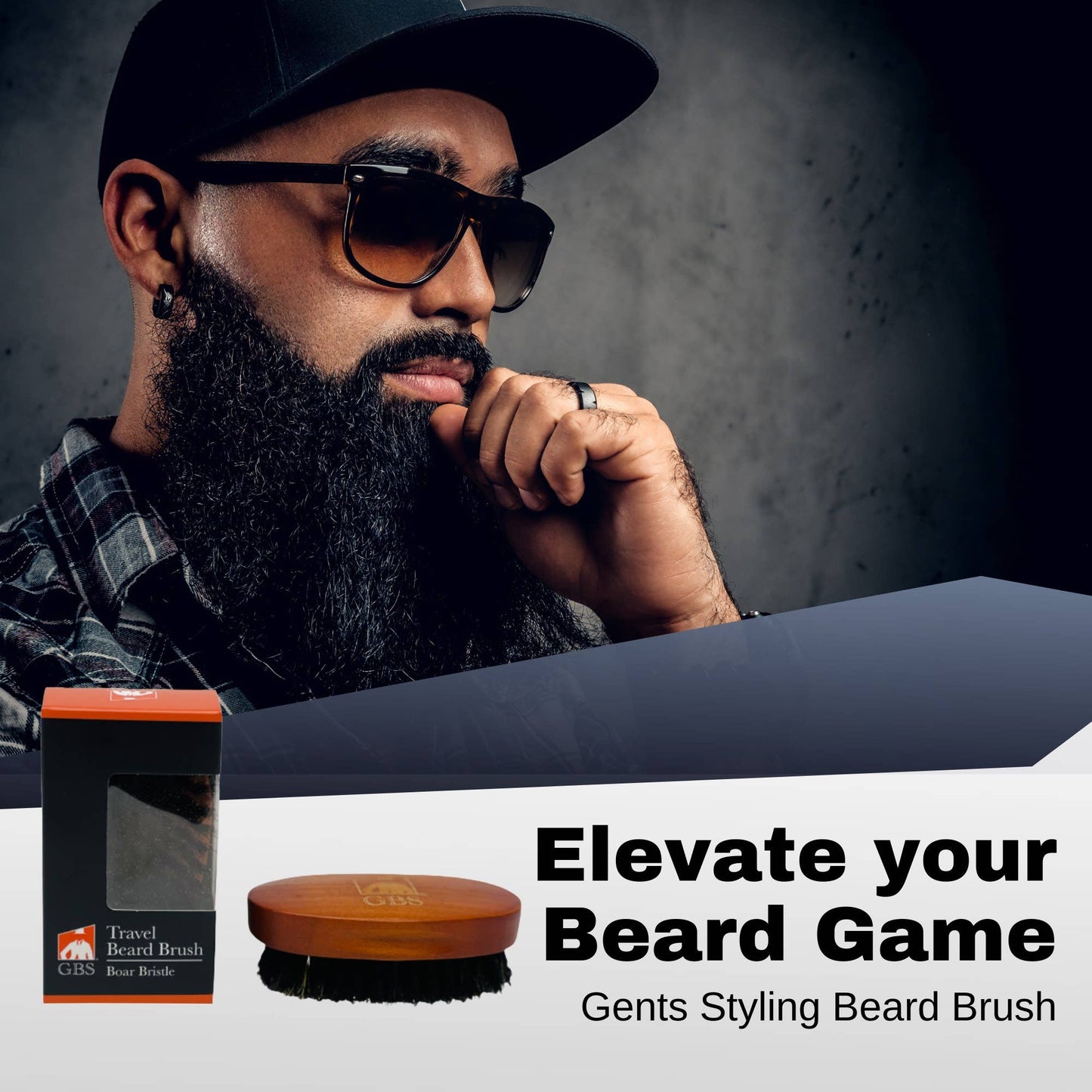 Man with beard and sunglasses with grooming product and text 'Elevate your Beard Game' on a dark background