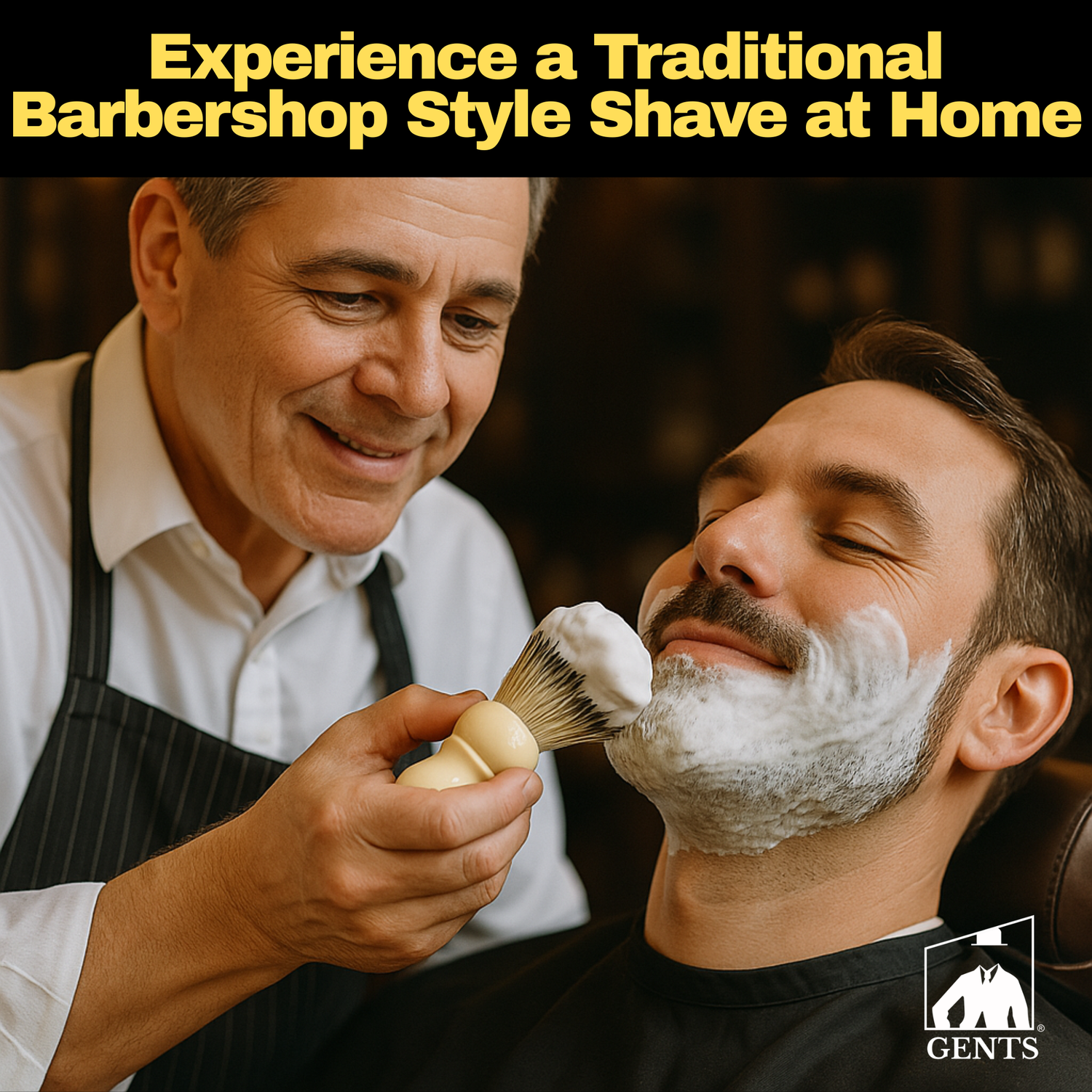 Barber applying shaving cream to a customer's face with text promoting a traditional barbershop style shave at home.