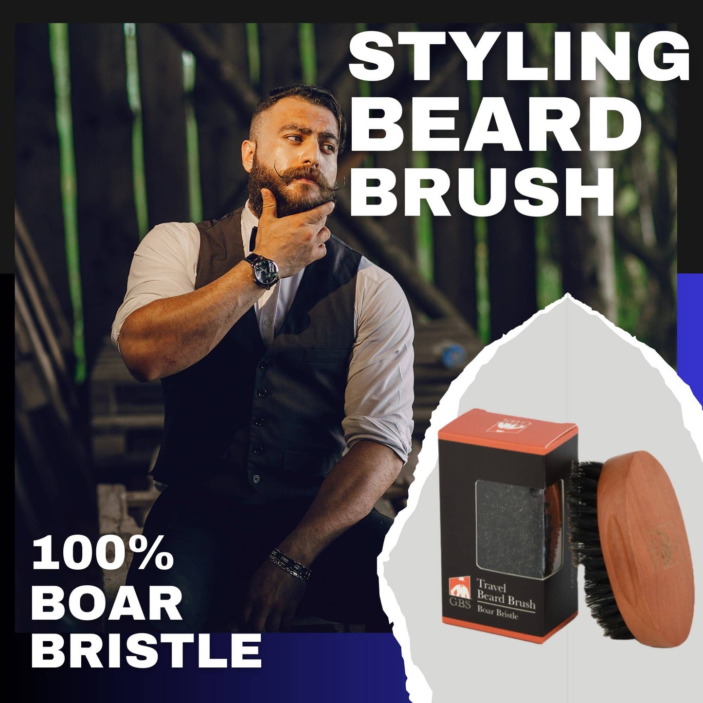 Man with beard and styling brush, with text about the brush's features.