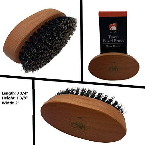 Wooden beard brush with bristles, packaging, and dimensions displayed.