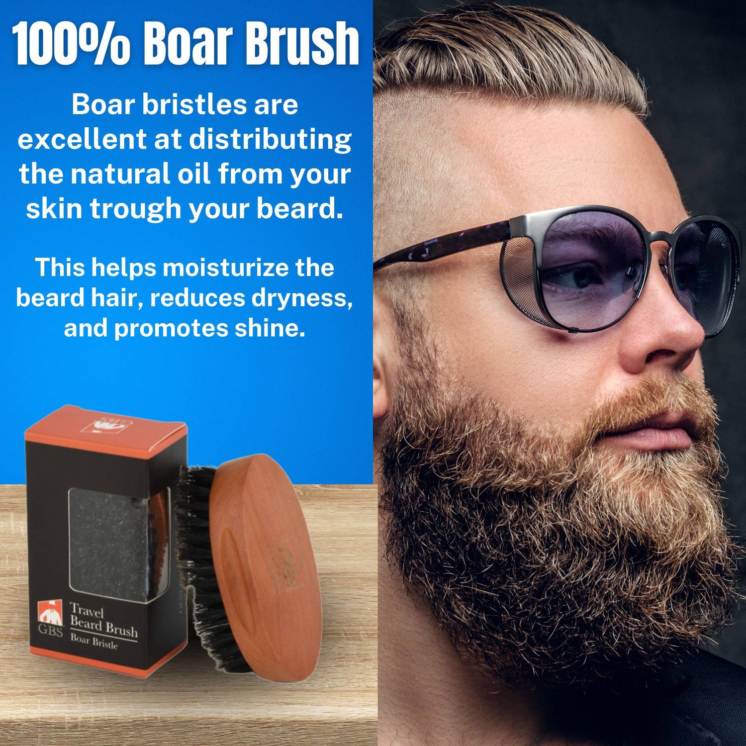 Travel beard brush with packaging and a man with a beard wearing sunglasses on a dark background.