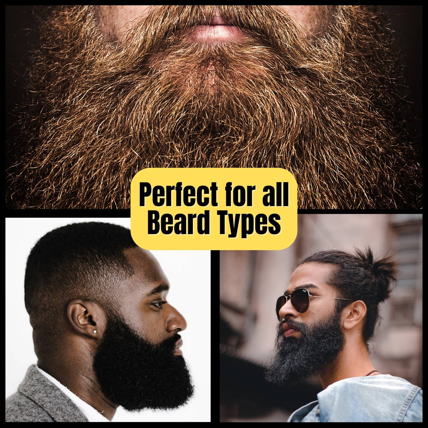 Collage of bearded men with a focus on beard care products, featuring text 'Perfect for all Beard Types'.