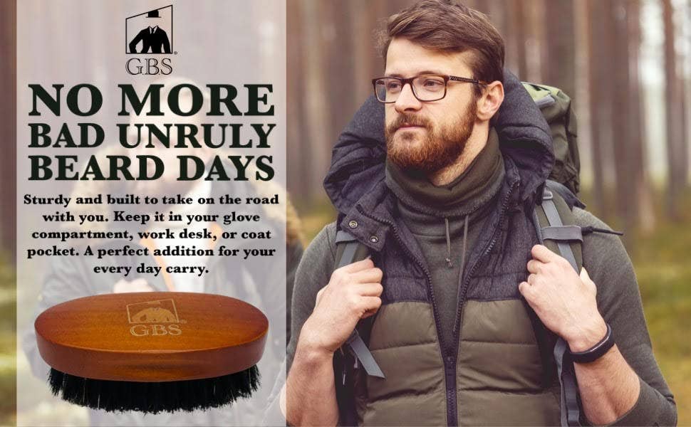 Man with beard and glasses holding a backpack with GBS product and text 'No More Bad Unruly Beard Days' on the left.