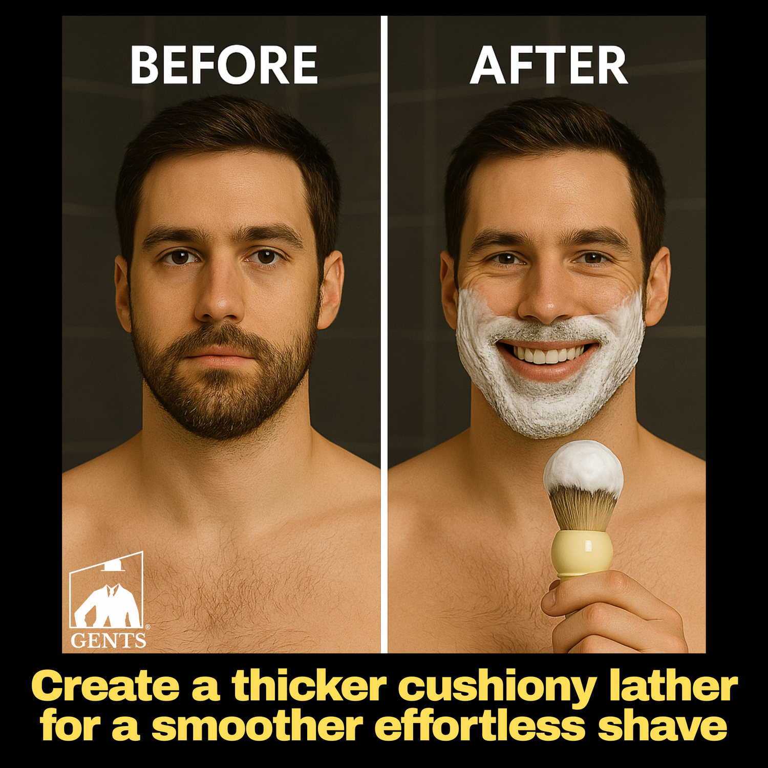 Before and after comparison of a man shaving with GENTS logo.