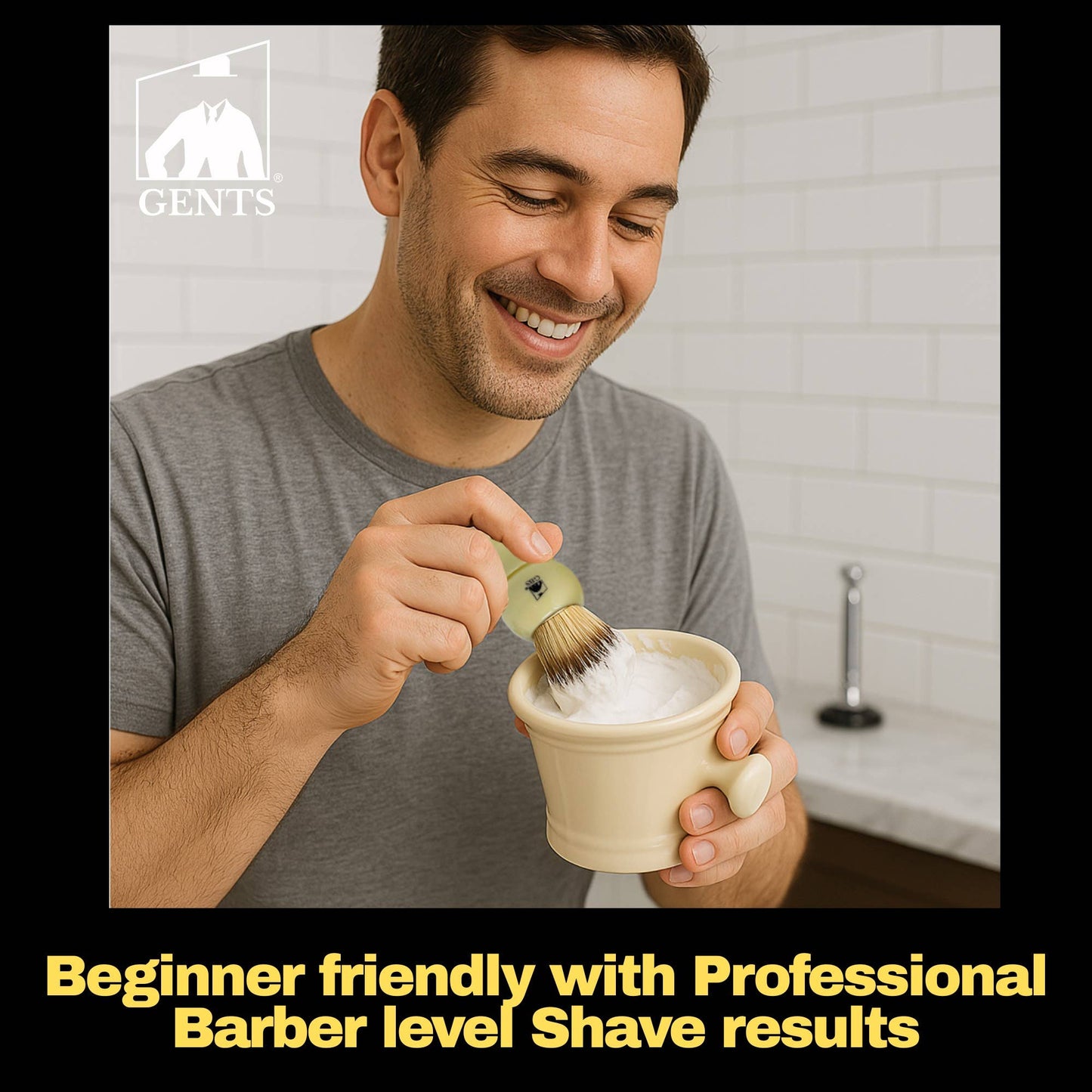 Man preparing to shave with a brush and bowl of shaving cream, GENTS logo visible