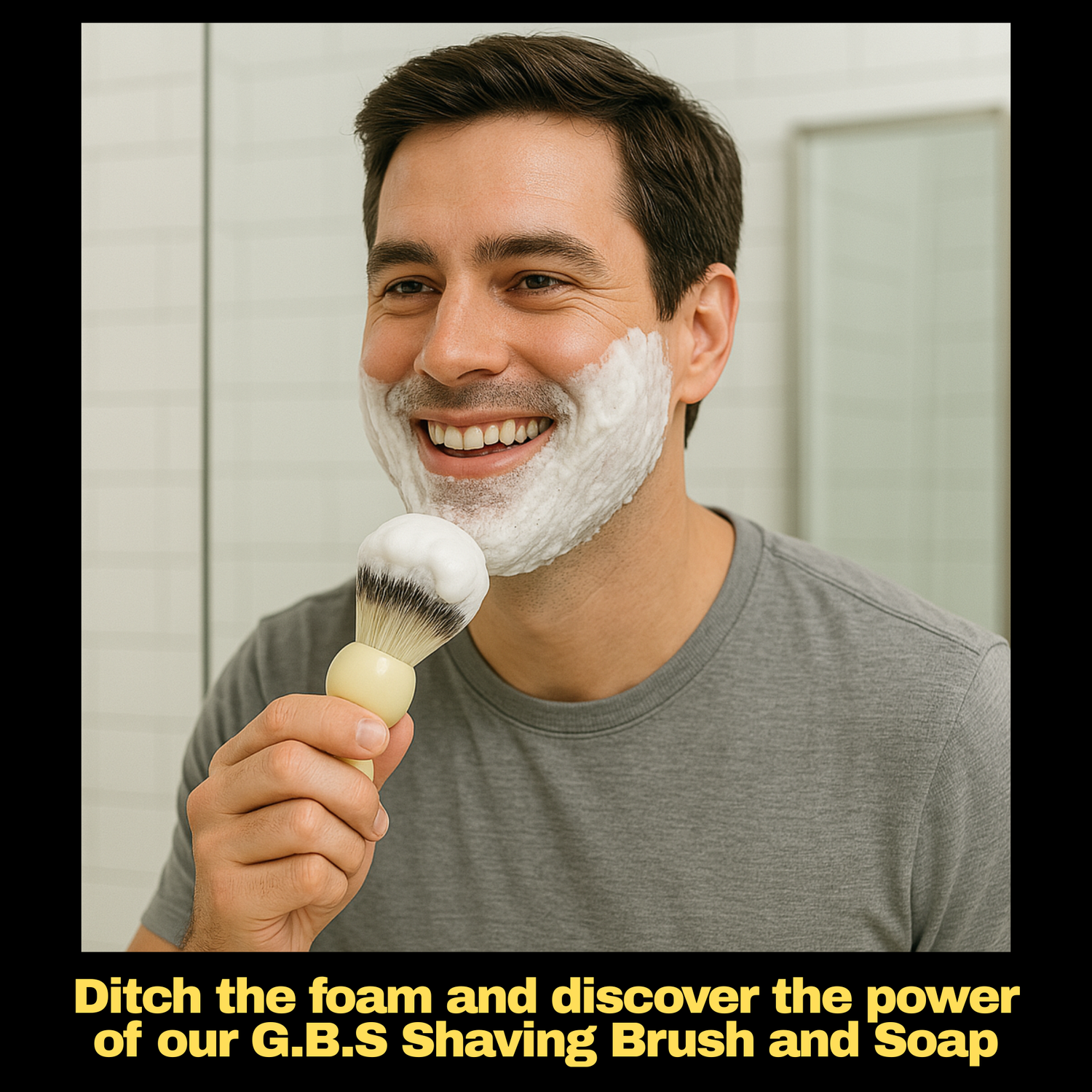 Man with a beard holding a shaving brush and soap, with text promoting G.B.S Shaving Brush and Soap.