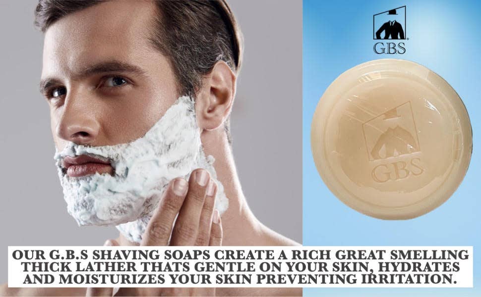 Man shaving with GBS soap and GBS logo displayed