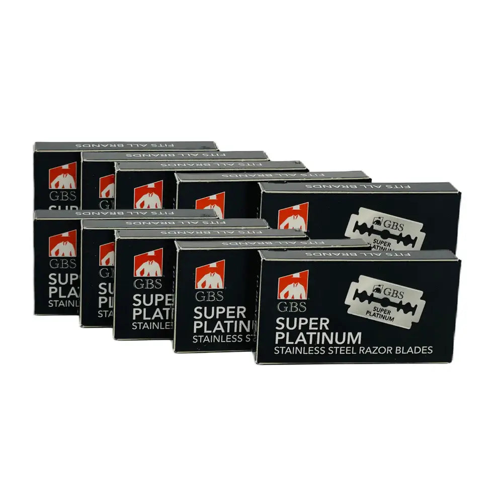 Multiple boxes of GBS Super Platinum stainless steel razor blades on a white background