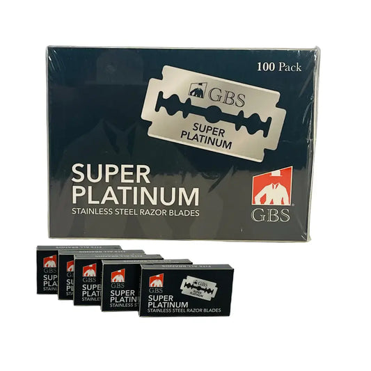 Packaging of GBS Super Platinum stainless steel razor blades on a white background
