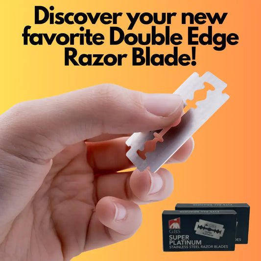 Hand holding a double edge razor blade with a box of Super Platinum blades on an orange background.