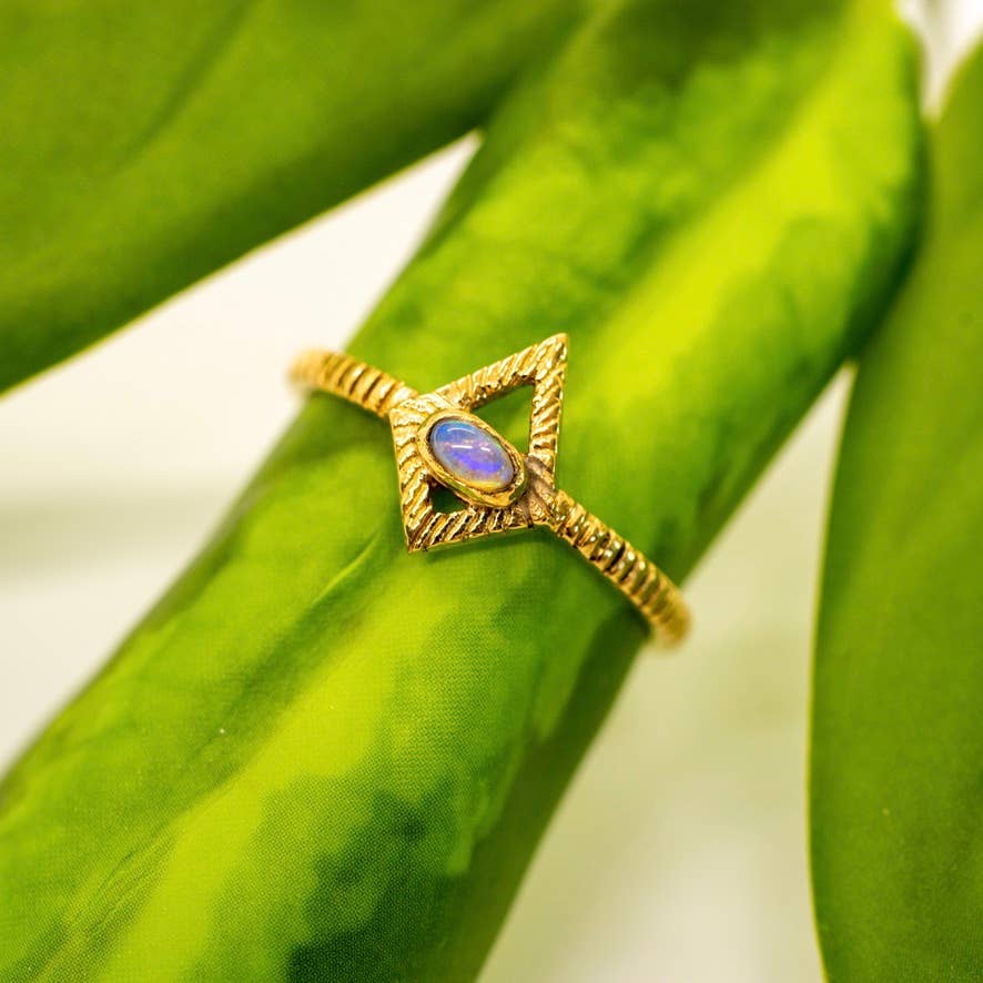 Gold ring with a blue stone on a green leaf
