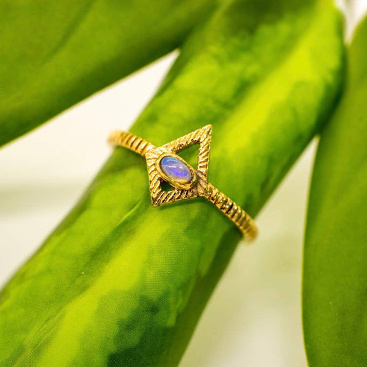Gold ring with a blue stone on a green leaf