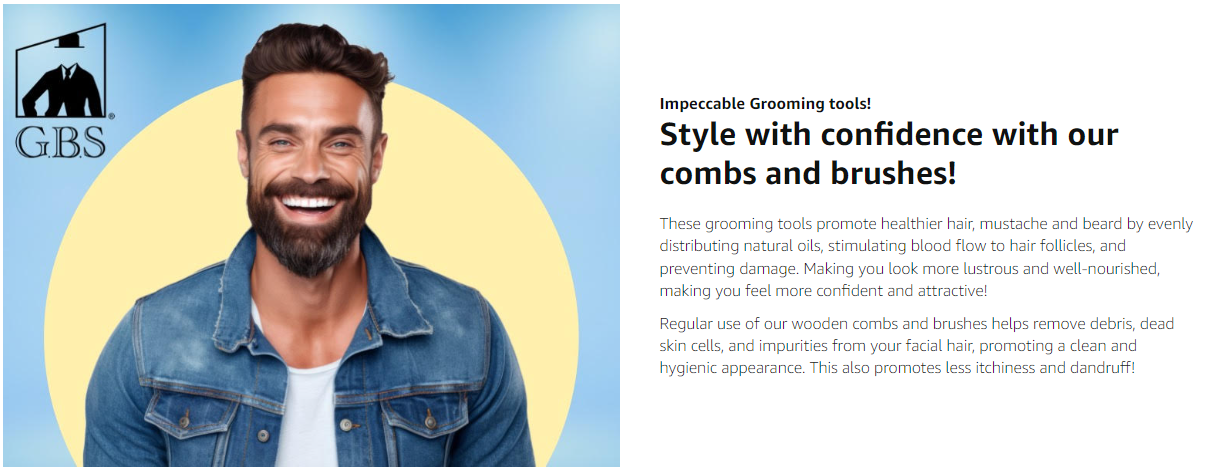 Man with beard and denim jacket on a blue background with GBS branding and text about grooming tools.