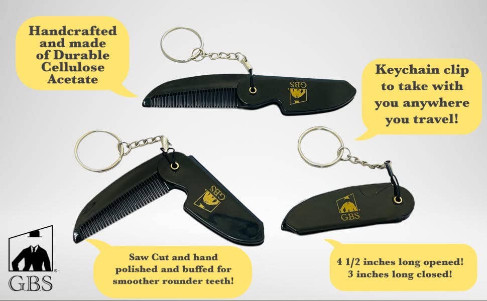 Black folding comb keychains with keyring clips on a white background, featuring GBS branding.