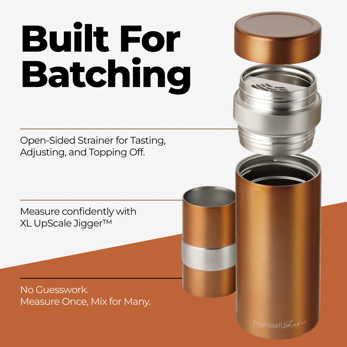 Bronze shaker with open lid on a white background, featuring text about its features.