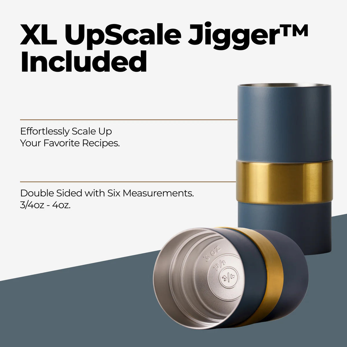 XL UpScale Jigger with blue and gold design on a white background
