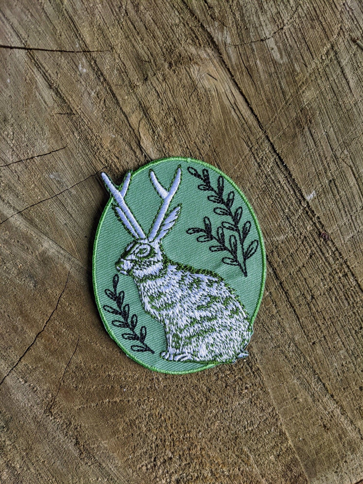 Iron - on patch | jackalope - green oval 2.5" x 3.2" - MST Goodsilikesara | art + goods