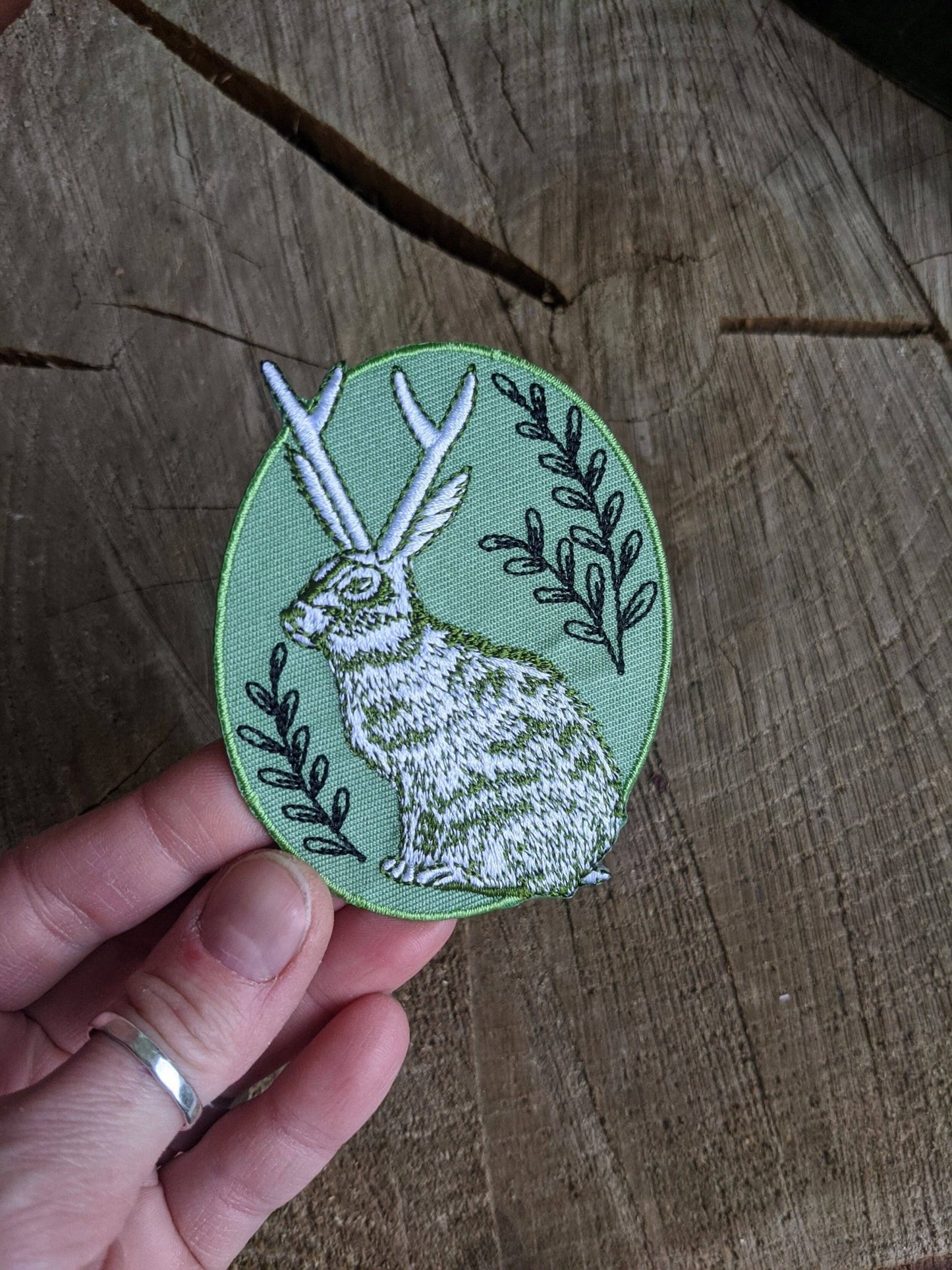 Iron - on patch | jackalope - green oval 2.5" x 3.2" - MST Goodsilikesara | art + goods