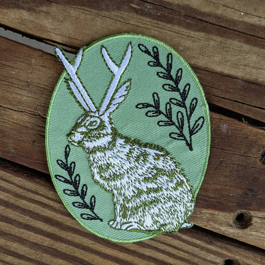 Iron - on patch | jackalope - green oval 2.5" x 3.2" - MST Goodsilikesara | art + goods