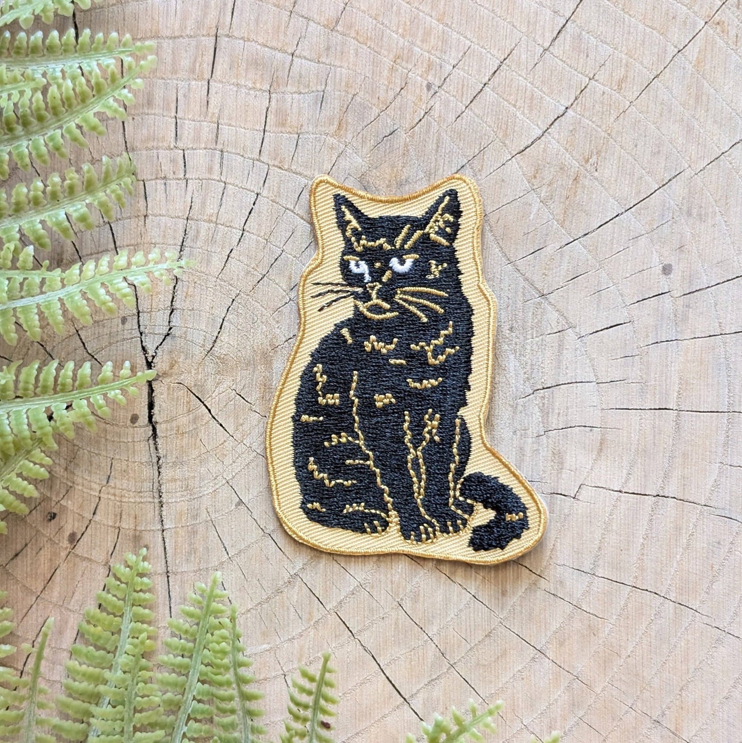 Iron - on patch | sitting black disappointed cat 2.9" x 2.2" - MST Goodsilikesara | art + goods