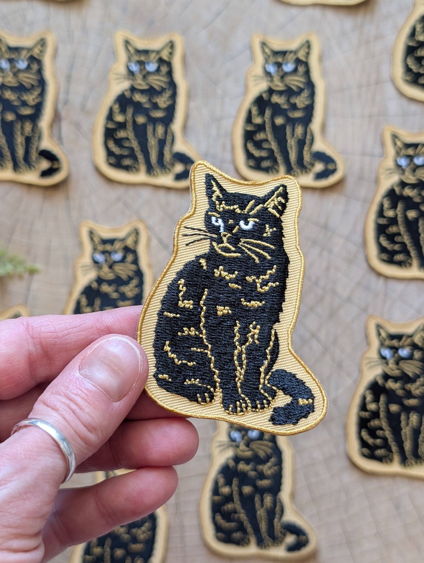Iron - on patch | sitting black disappointed cat 2.9" x 2.2" - MST Goodsilikesara | art + goods